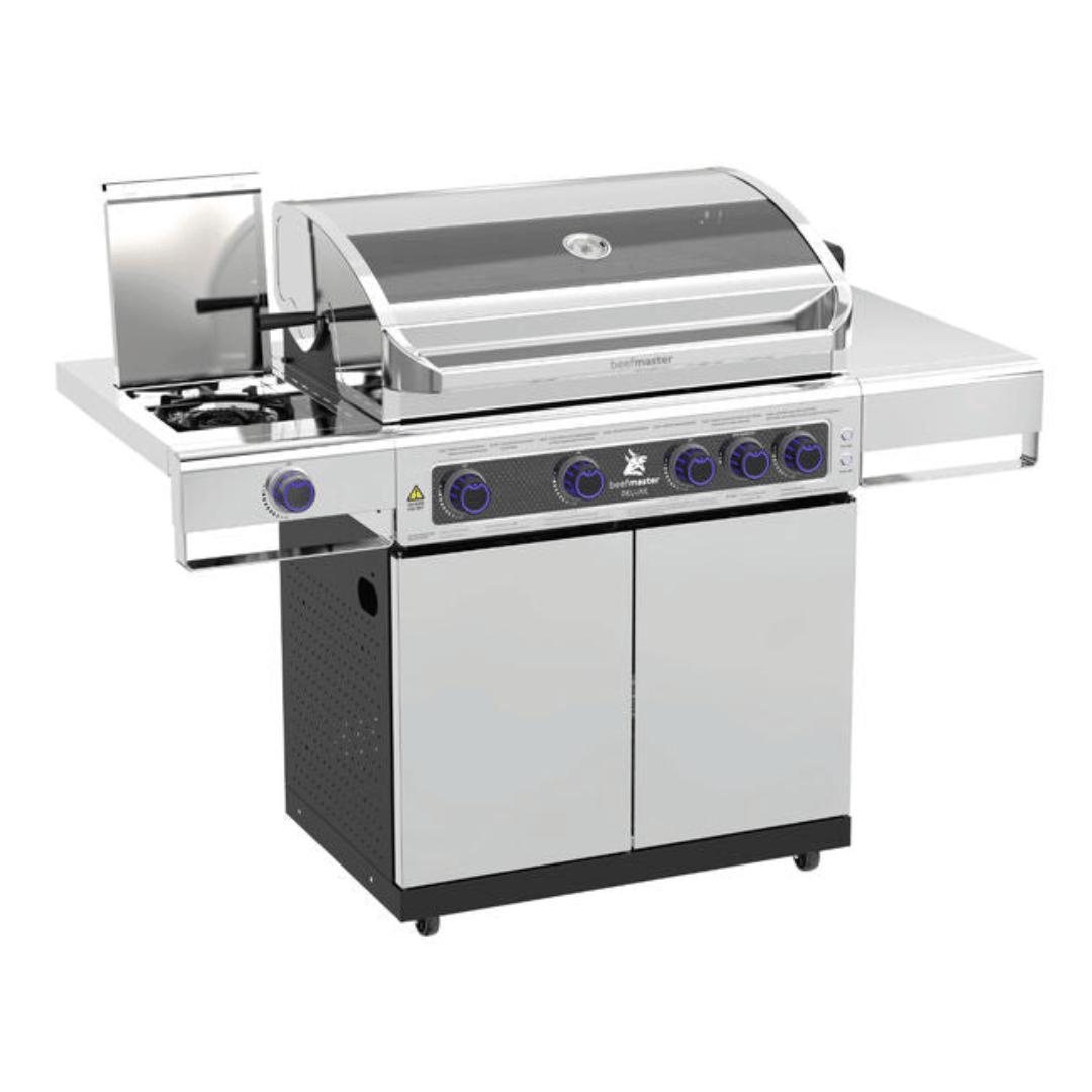 Deluxe Beefmaster 4 Burner BBQ On Deluxe Cart With Cast Iron Side Burner
