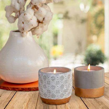 CONCRETE POT WITH ROSE GOLD BASE CITRONELLA CANDLE WITH WIND RESISTANT WICK